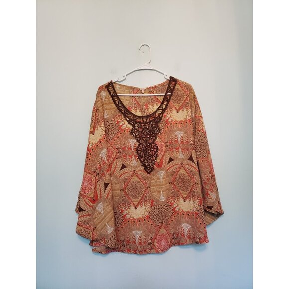 Reba Women Plus 3X Poncho Cold Shoulder Blouse Orange Pullover Boho Flowy Sheer - Picture 1 of 7